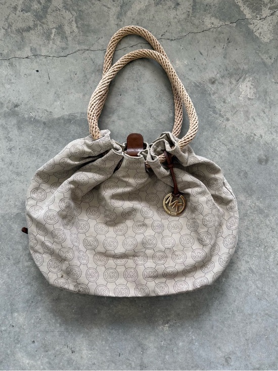 Michael Kors Handbags - Michael Kors Marina Beige Canvas Logo Drawstring Shoulder Bag with Rope Handles